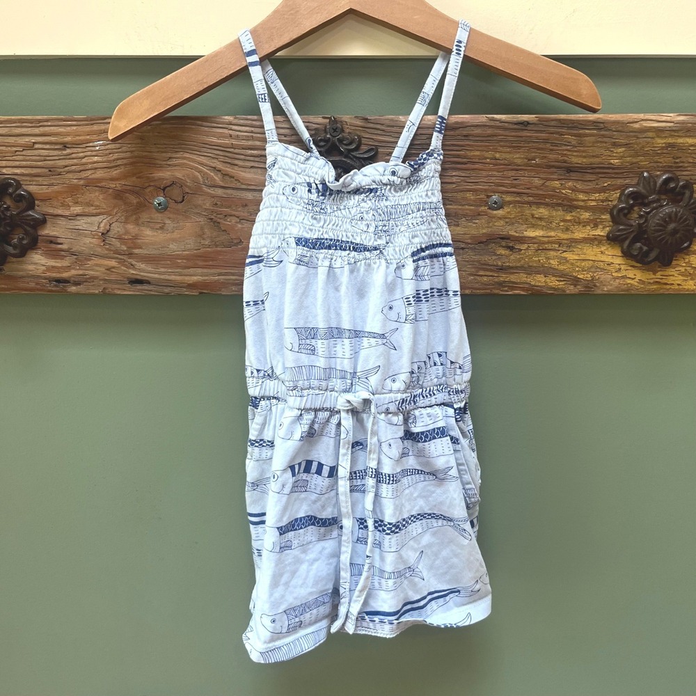 Tea Collection Blue‎ Fish Print Smocked Romper Size 2 Nautical Summer Cotton